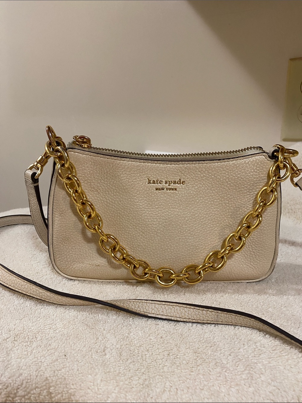 kate spade Cream Pebbled Leather Crossbody with Gold Chain Accent
